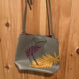 RALPH LAUREN leather botanical crossbody bucket bag